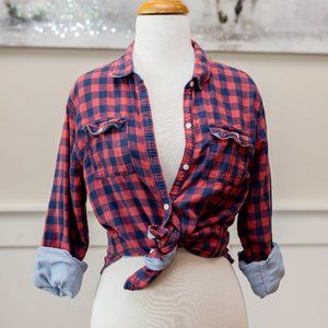Abercrombie and Fitch Women's flannel, red and blue long sleeve button down